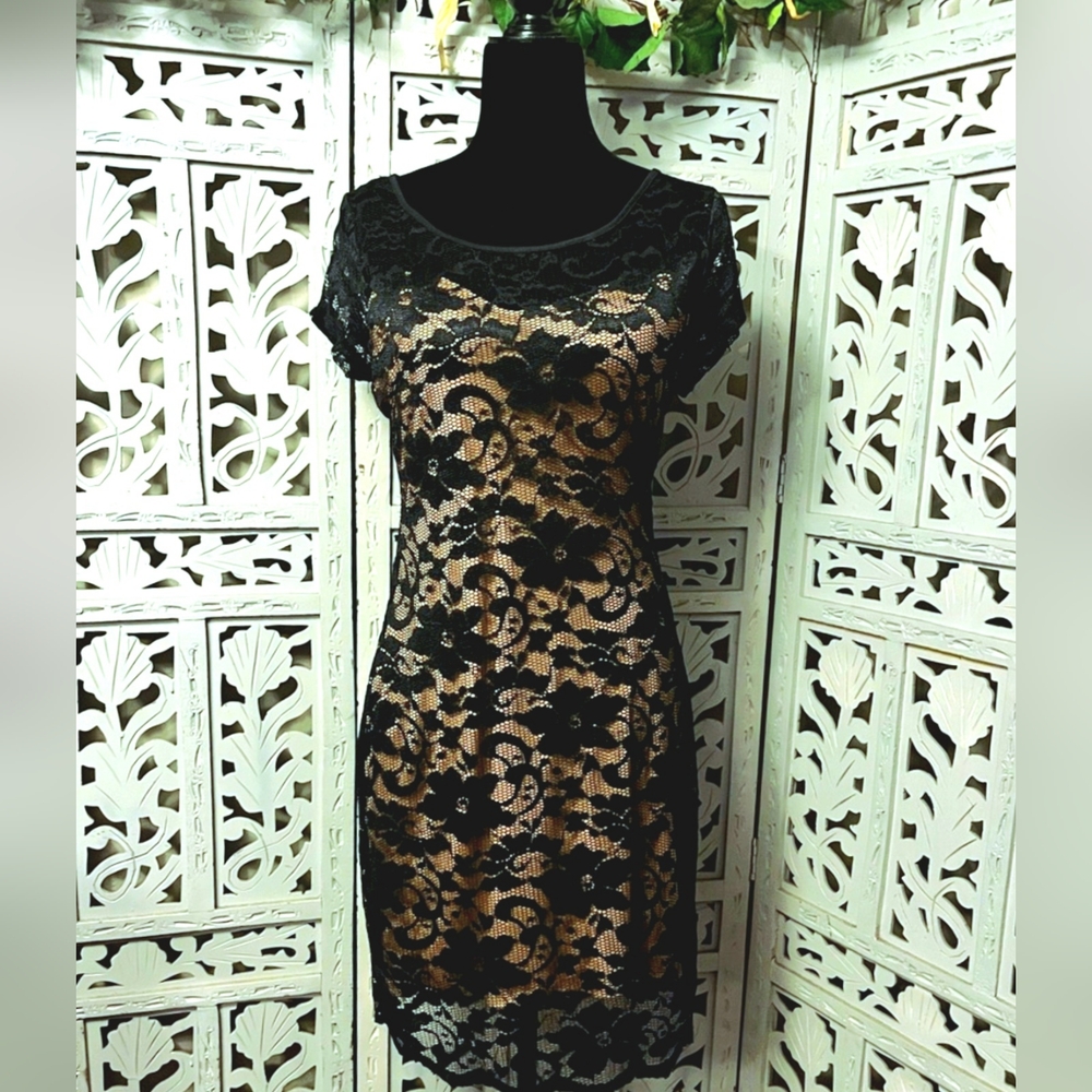 🔥😈Sexy Black Lace with Nude Slip Liner Dress and Cap Sleeves by Almost Famous